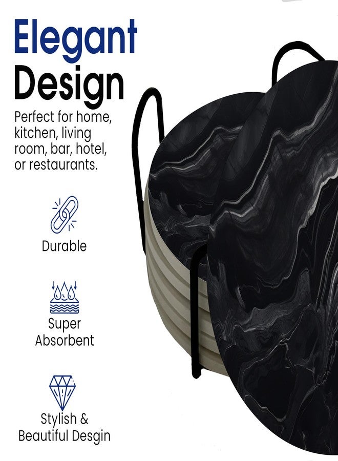DAJDC Dark Black Marble Round Coasters Set of 6 - Abosrbent Ceramic Coasters with Metal Stand for Drinks, Coffee, Non-Slip Cork Back for Tabletop Protection, 4 Inches Marbled Pattern (Black) - Image 3